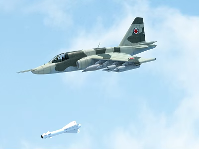 Camouflage Fighter Jet With Red Tail Emblem Launching Missile In Blue Sky 3d model