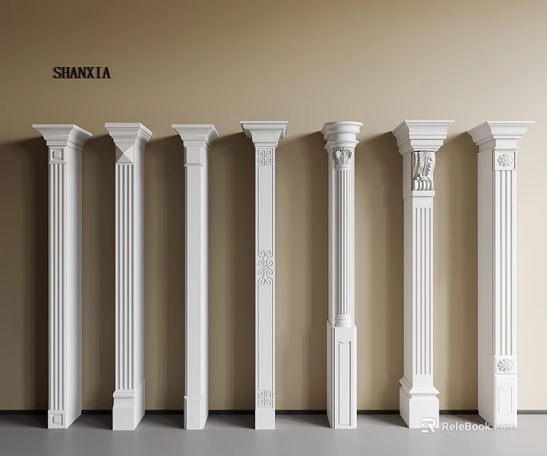 Interior White Decorative Columns With Various Classical Designs Arranged Against Wall 3d model 