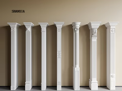 Interior White Decorative Columns With Various Classical Designs Arranged Against Wall 3d model
