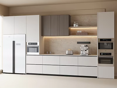 Modern Kitchen Sideboard With White And Gray Cabinets Built In Appliances And LED Lighting Shelf 3d model