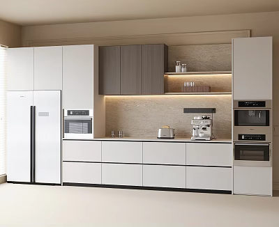 Modern Kitchen Sideboard With White And Gray Cabinets Built In Appliances And LED Lighting Shelf 3d model