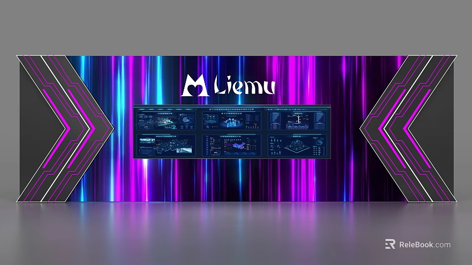 Liemu Modern Display Shelves With Neon Purple Blue Background And Digital Screens 3d model 