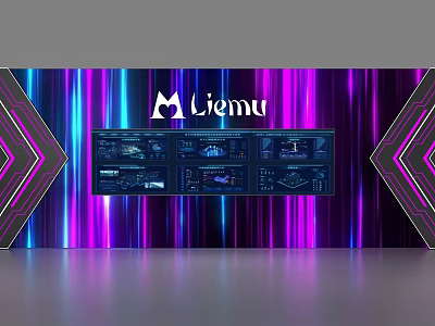 Liemu Modern Display Shelves With Neon Purple Blue Background And Digital Screens 3d model