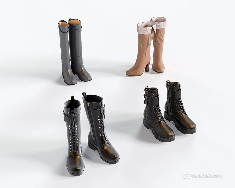 Stylish Leather Boots Collection Featuring Knee High Mid Calf Gray Brown Black Designs 3d model 