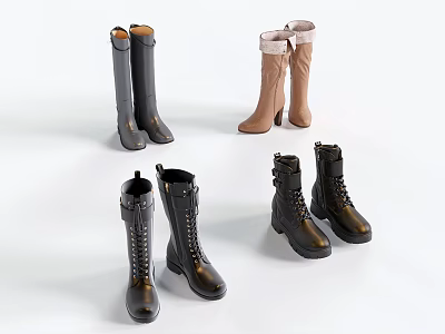 Stylish Leather Boots Collection Featuring Knee High Mid Calf Gray Brown Black Designs 3d model