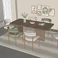 Modern Minimalist Wooden Dining Table Set with Beige Green Chairs Vase Fruit Bowl and Books