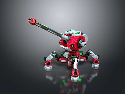 Mechanical Combat Weapon With Red And White Spider Legs And Cannon Barrel 3d model