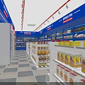 Supermarket Grocery Store Interior With Blue Shelves Matryoshka Dolls And Checkout Counters