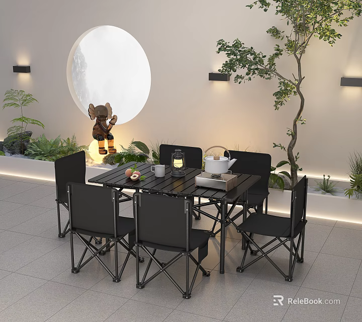 Outdoor Foldable Chairs With Table And Plants Near Circular Decoration And Lighting 3d model 