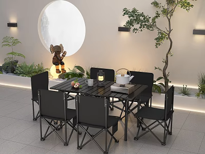 Outdoor Foldable Chairs With Table And Plants Near Circular Decoration And Lighting 3d model