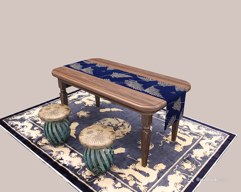 Wooden Long Table With Blue Patterned Tablecloth And Green Stools On Patterned Rug 3d model