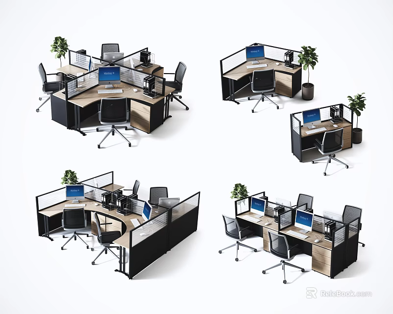 Modern Office Workstation Desks With Cubicles Computers Chairs And Plants 3d model