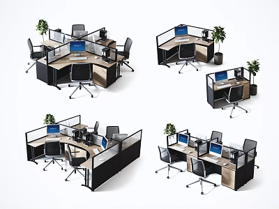 Modern Office Workstation Desks With Cubicles Computers Chairs And Plants 3d model