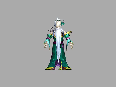 White Haired Long Bearded Fantasy Game Character In Green And Purple Robe With Decorative Cuffs 3d model