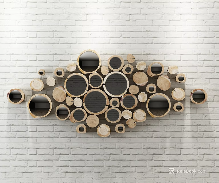 Modern Circular Wooden Wall Decor With Various Sizes On White Brick Background 3d model