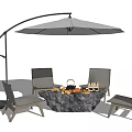 Modern Outdoor Wicker Chairs With Curved Patio Umbrella And Stone Table Setup