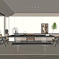 Modern Tea Room Design With Long Table Chairs Tea Set Decorative Painting And Plant