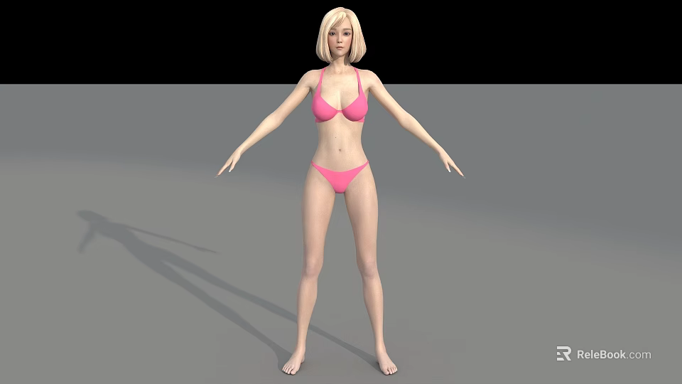 Woman wearing pink bikini standing with arms outstretched on gray floor against black background 3d model 
