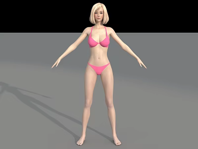 Woman wearing pink bikini standing with arms outstretched on gray floor against black background 3d model