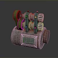 Mechanical Device With Rusty Metal Base Green Wheels Silver Cylinders And Red Indicator Lights 3d model