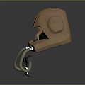 Copper Colored Futuristic Helmet With Orange Stripes Connected Gray Control Box And Cables
