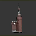 Red Tower Architectural Design with Green Spire and Historic Structure Details