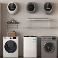 Modern Home Laundry Setup with Wall Mounted and Standalone Washing Machines and Storage Shelves