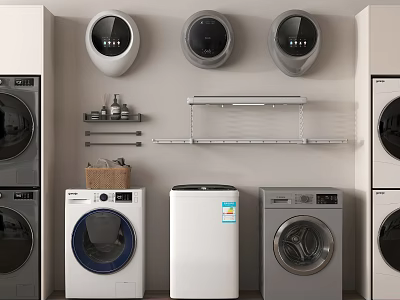 Modern Home Laundry Setup with Wall Mounted and Standalone Washing Machines and Storage Shelves 3d model