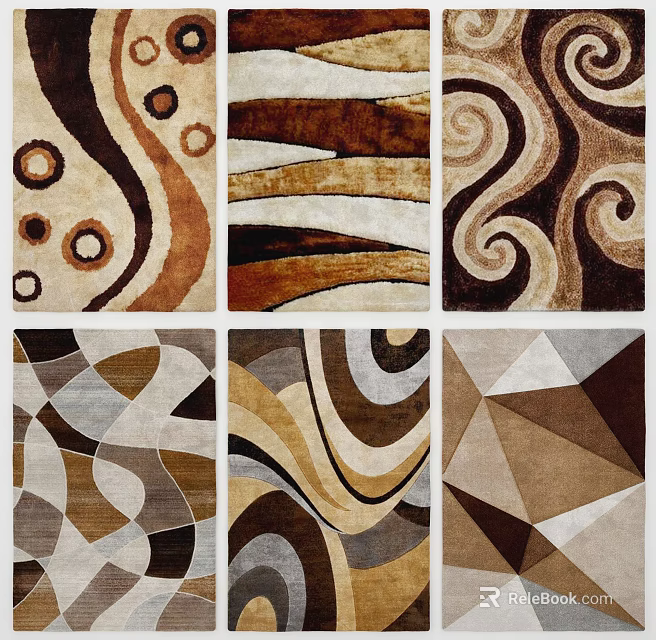 Square Rugs With Geometric Wavy Circular Patterns In Brown Beige Black Tones 3d model