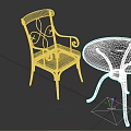 Modern Metal Frame Chair With Curved Armrests Wooden Backrest Turquoise Cushion And Round Mesh Table