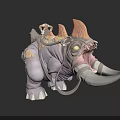 Game Fantasy Creature Character With Purple Skin Orange Horns Yellow Eyes And Saddle On Back