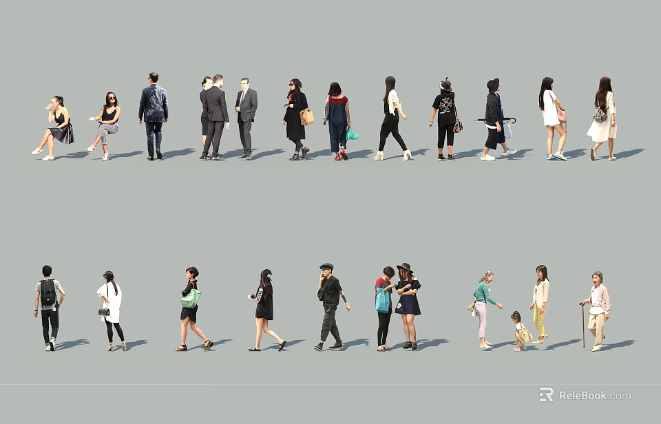 Diverse Group of People Walking with Various Styles and Casual Attire 3d model 
