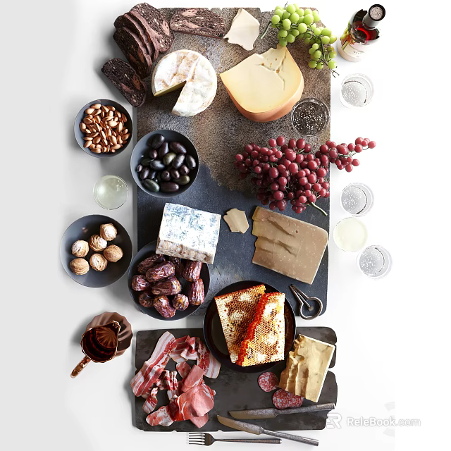 Delicious Charcuterie Board With Assorted Cheeses Nuts Olives Grapes And Prosciutto 3d model 