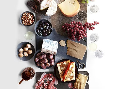 Delicious Charcuterie Board With Assorted Cheeses Nuts Olives Grapes And Prosciutto 3d model