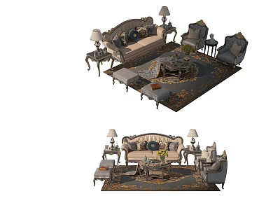 Elegant Classic Sofa and Coffee Table Set with Side Tables Table Lamps and Floral Rug 3d model