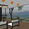 Garden Landscape Design With Wooden Deck Outdoor Seating Lake View And Mountain Scenery
