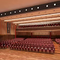 Spacious Conference Room With Red Seats Wooden Walls Purple Curtains And Decorative Ceiling