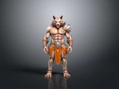 Wolf Humanoid Character With Muscular Build Orange Skirt And Arm Guards Standing Pose 3d model