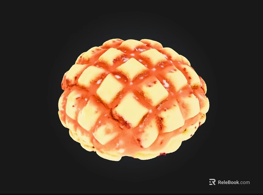 Golden Pineapple Bun With Lattice Pattern And Red Glaze On Surface 3d model 