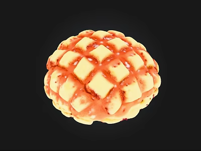 Golden Pineapple Bun With Lattice Pattern And Red Glaze On Surface 3d model
