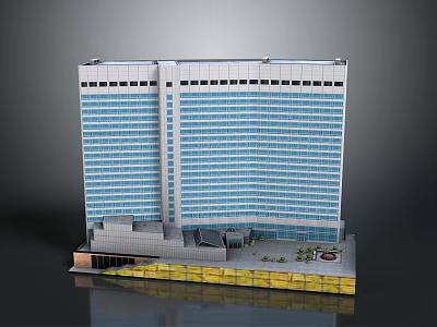 Tall Modern Building Model Featuring Glass Windows Yellow Base And Green Plants 3d model