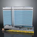 Tall Modern Building Model Featuring Glass Windows Yellow Base And Green Plants