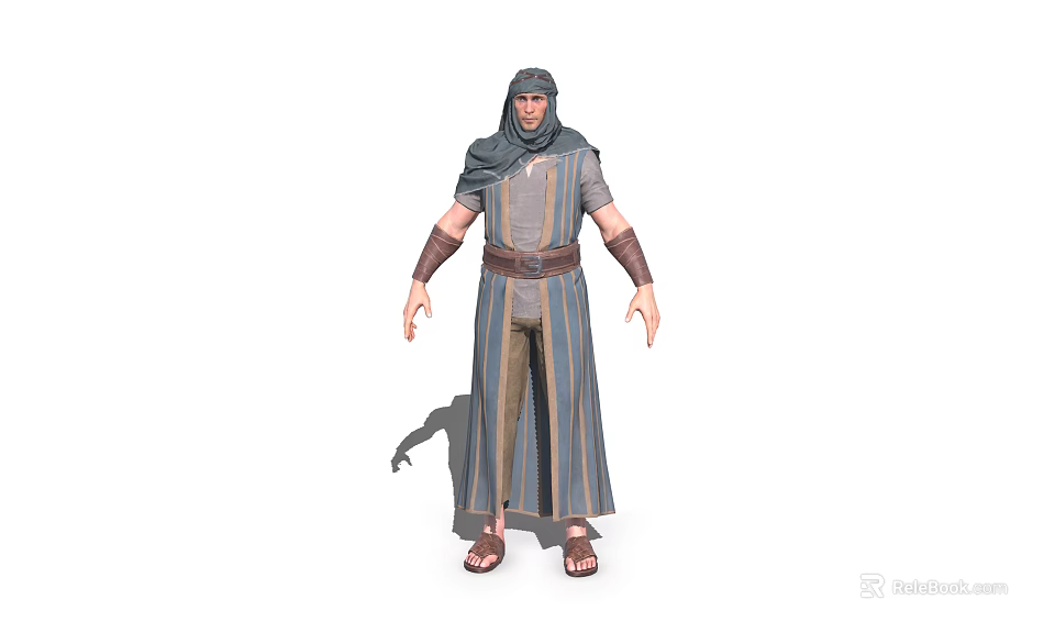 Male Traditional Character In Hooded Robe With Belt Arm Bracers And Sandals 3d model 