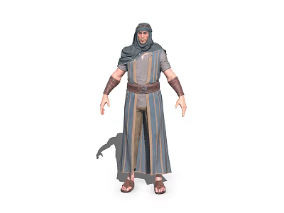 Male Traditional Character In Hooded Robe With Belt Arm Bracers And Sandals 3d model