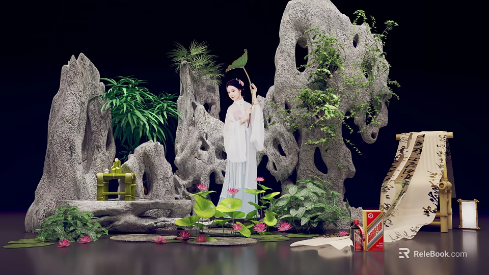 Traditional Chinese Garden Scene With Ancient Costume Lady Rockery And Lotus Plants 3d model 