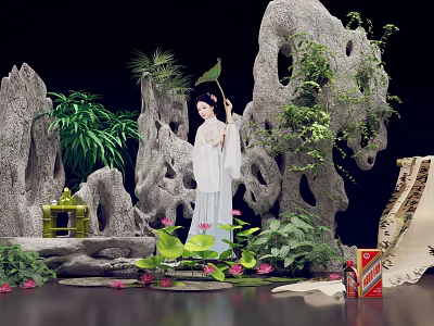 Traditional Chinese Garden Scene With Ancient Costume Lady Rockery And Lotus Plants 3d model