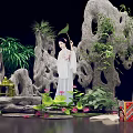 Traditional Chinese Garden Scene With Ancient Costume Lady Rockery And Lotus Plants