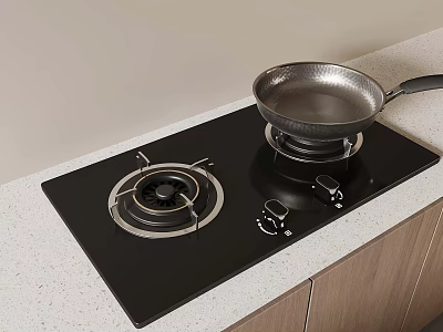 Black Glass Gas Stove With Frying Pan On Kitchen Countertop 3d model