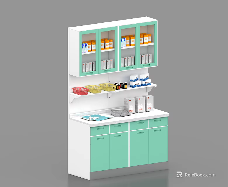 White and Light Green Medical Storage Cabinet With Glass Door Cabinets Shelves Drawers And Sink 3d model 
