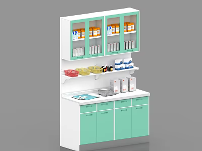 White and Light Green Medical Storage Cabinet With Glass Door Cabinets Shelves Drawers And Sink 3d model